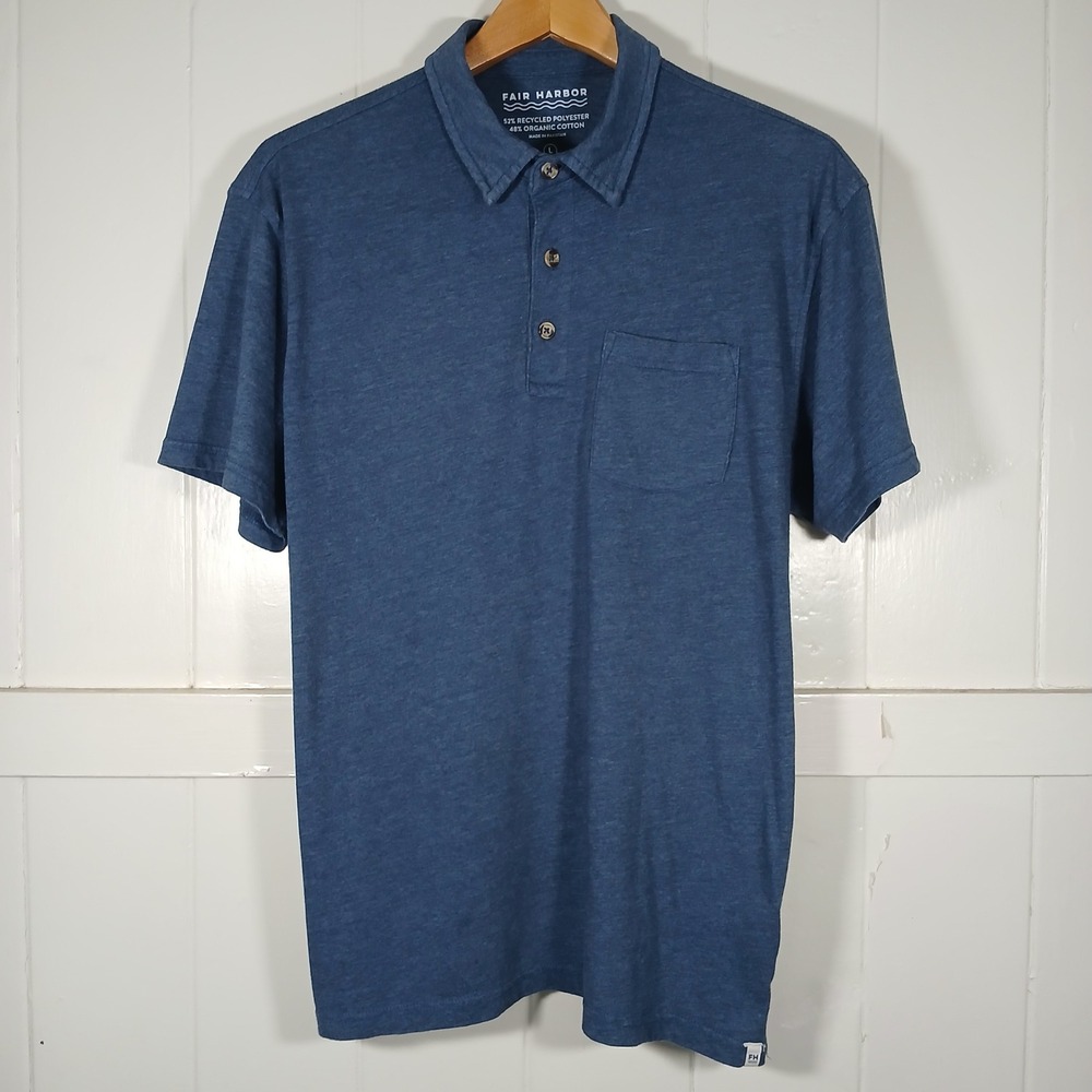 Fair Harbor Polo Shirt Mens Large Blue Recycled Cotton Blend Pocket Short Sleeve